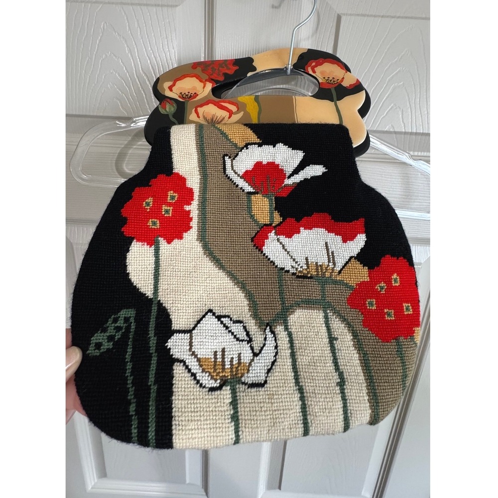Vintage Patricia Smith Moon Bag Clutch Purse Needlepoint Leather Statement Art